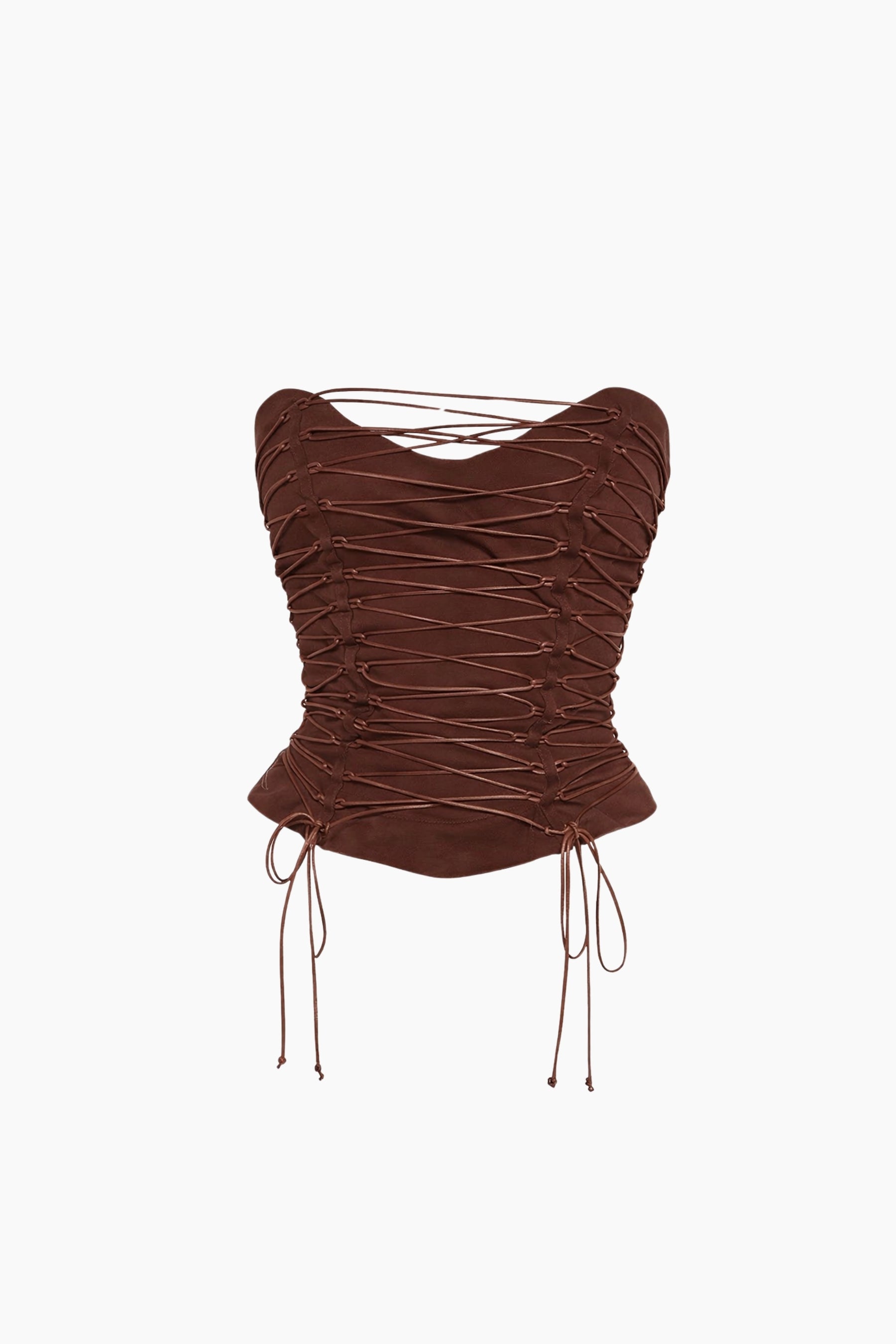 Brown ruched top with string details on a white background