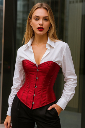 Woman wearing a red corset over a white shirt with a blurred background