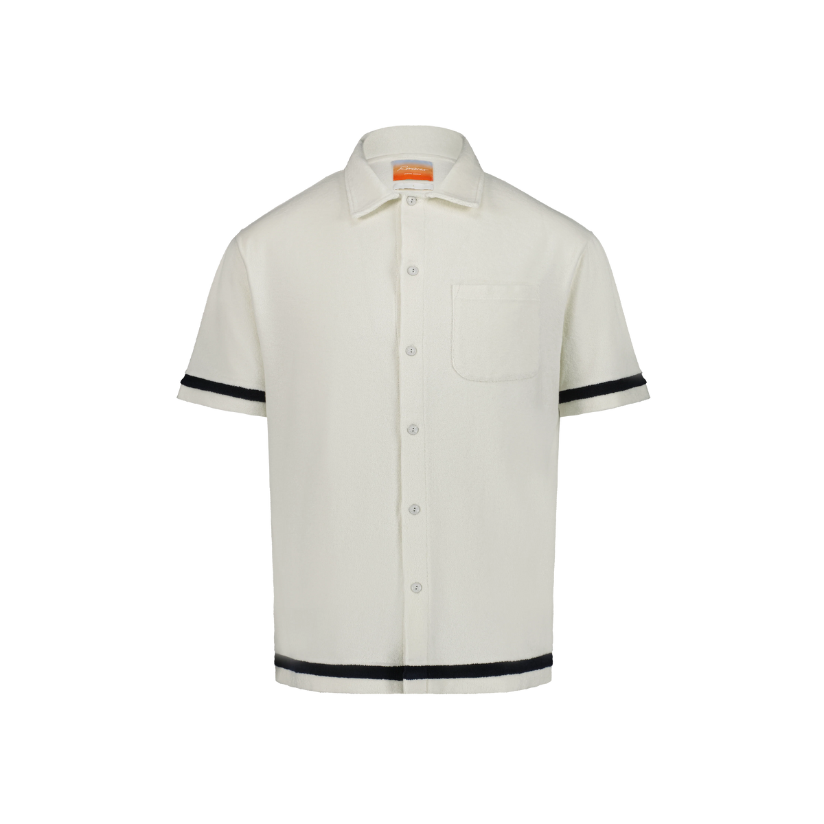  a white sponge shirt with black stripes and a collar, paired with white shorts.