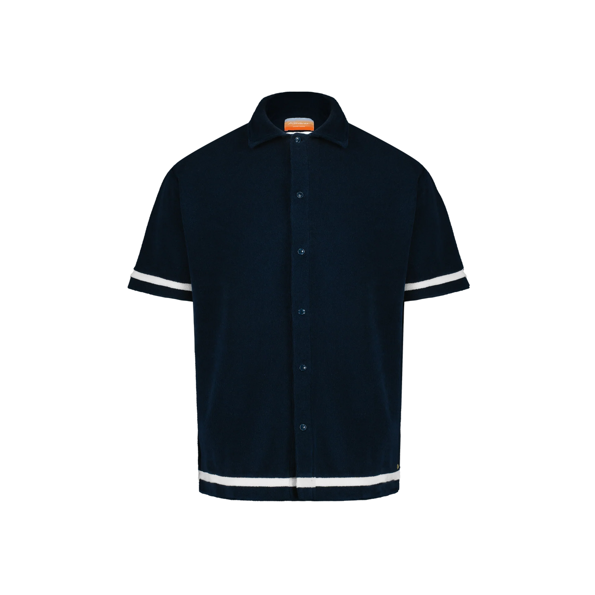 black sponge shirt with white stripes and a collar