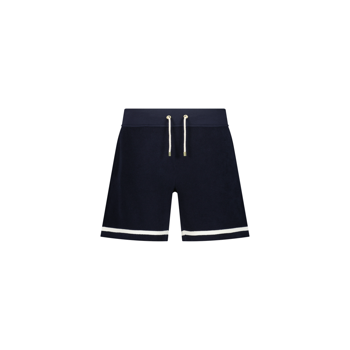 navy shorts with white lines and a waistband