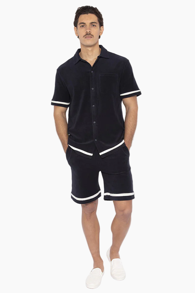 black shorts and shirts with white lines 