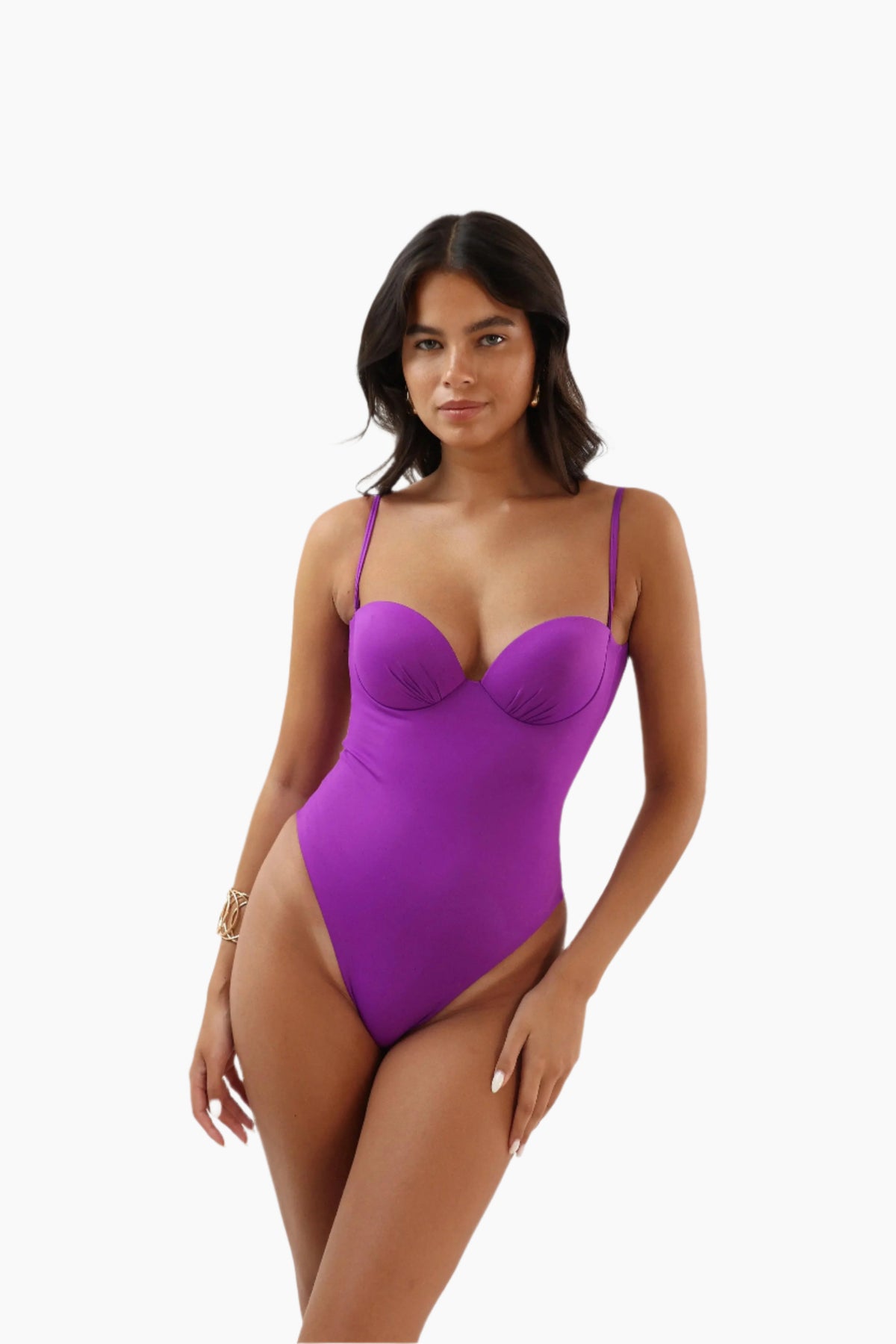 Woman wearing a purple swimsuit 