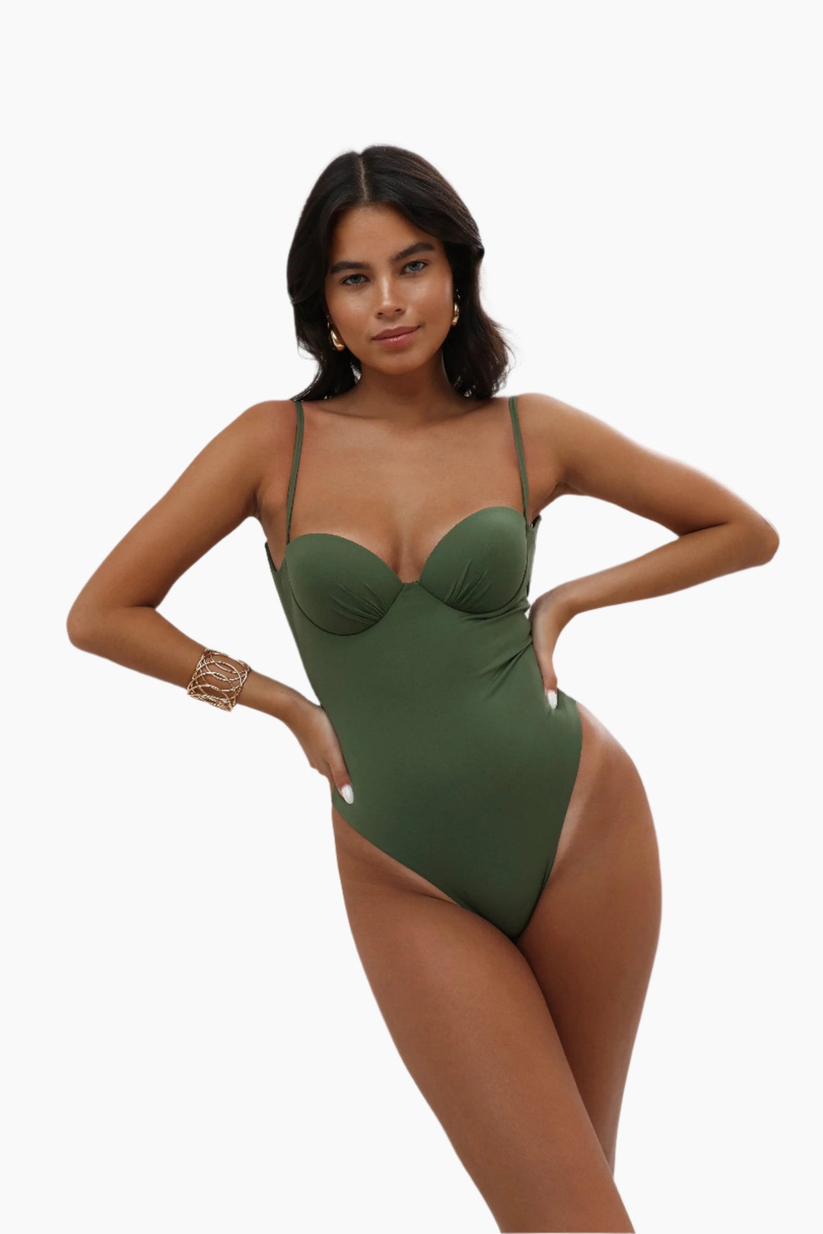 Woman wearing a green swimsuit 