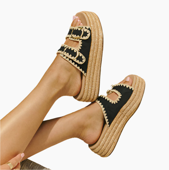 Black and beige sandals with woven straps