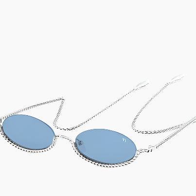 Sunglasses with blue lenses and a thin chain 