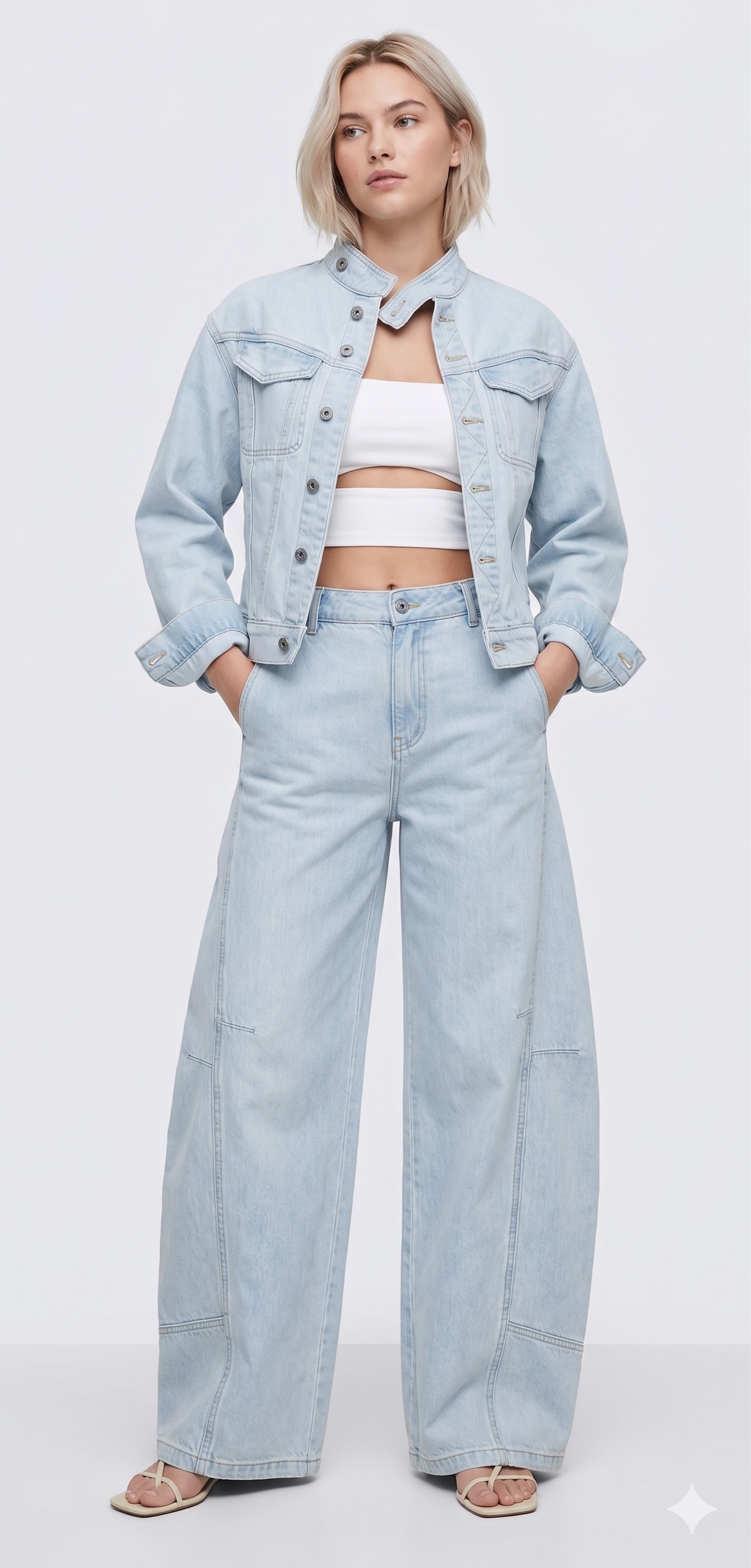 Person wearing a light blue denim jacket and jeans on a white background