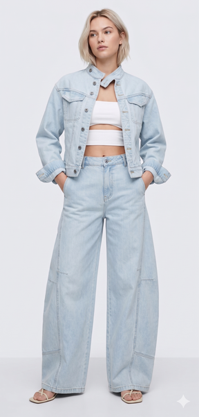 Person wearing a light blue denim jacket and jeans on a white background