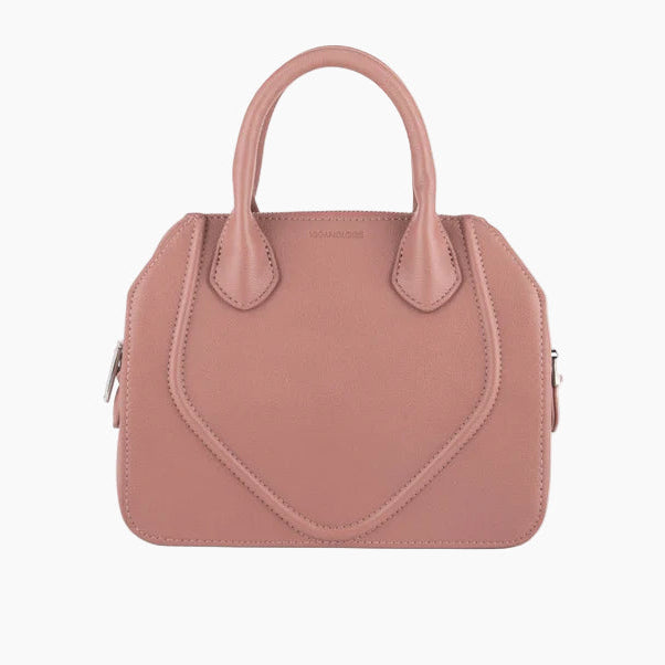 Pink handbag with a subtle brand logo on a white background