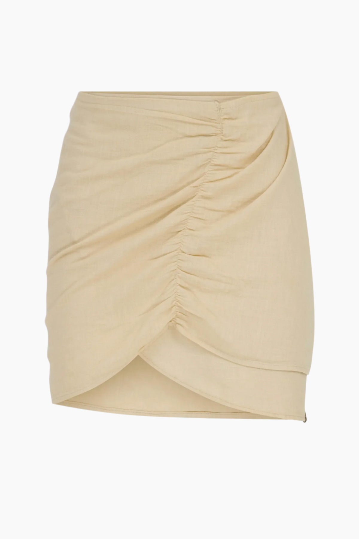 Beige ruched skirt on a white background