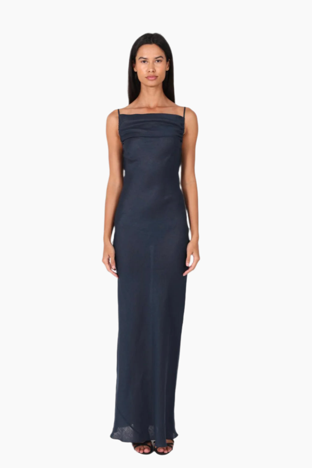 Woman wearing a navy blue evening gown 