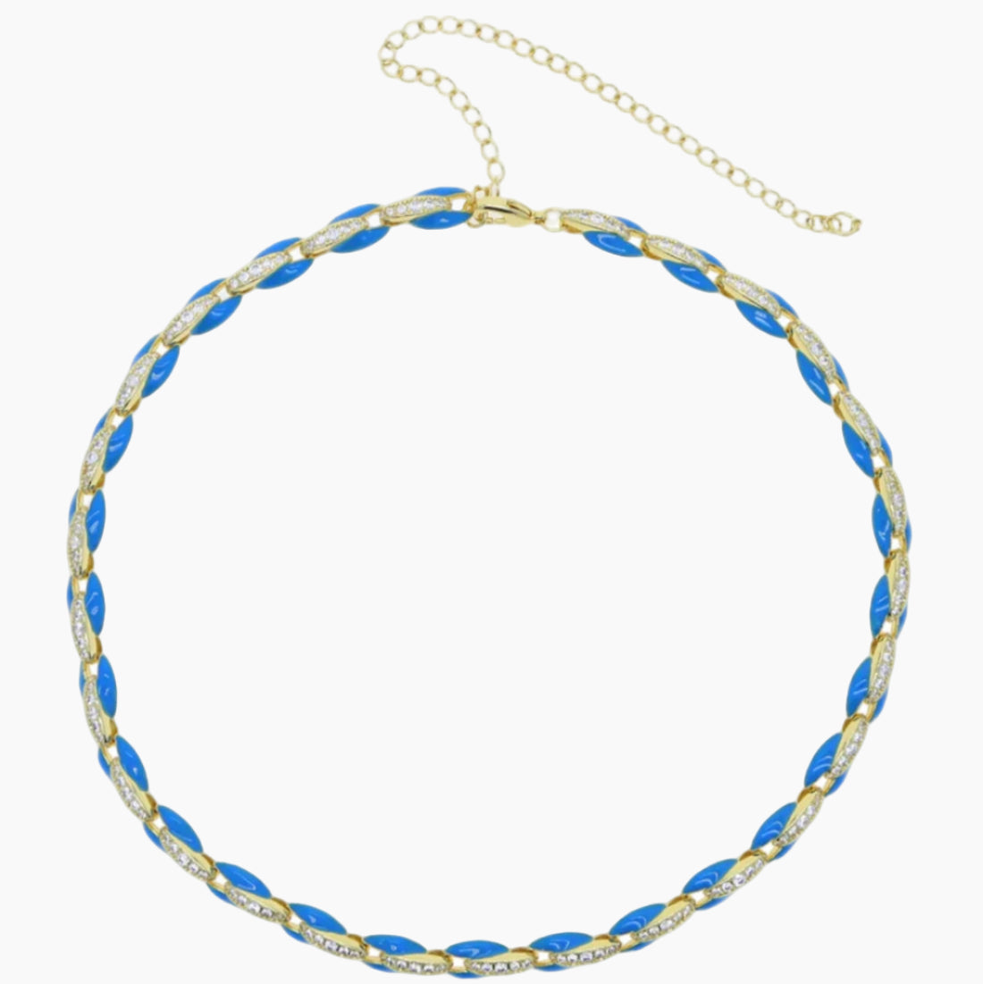 Necklace with blue and gold beads on a white background