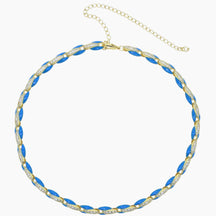 Necklace with blue and gold beads on a white background