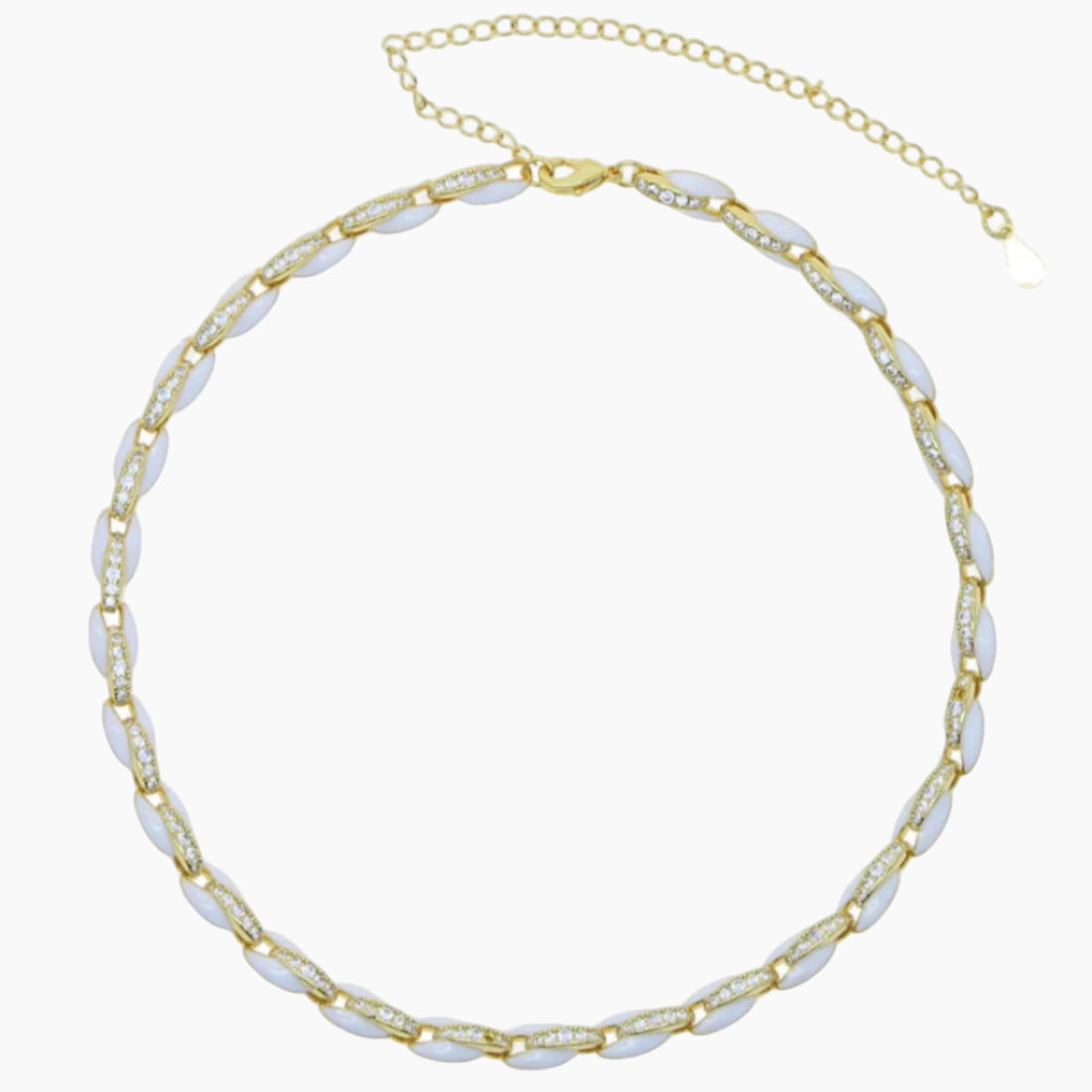 Necklace with gold and white beads on a white background