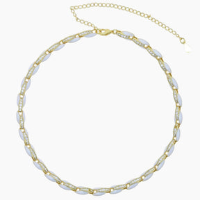 Necklace with gold and white beads on a white background