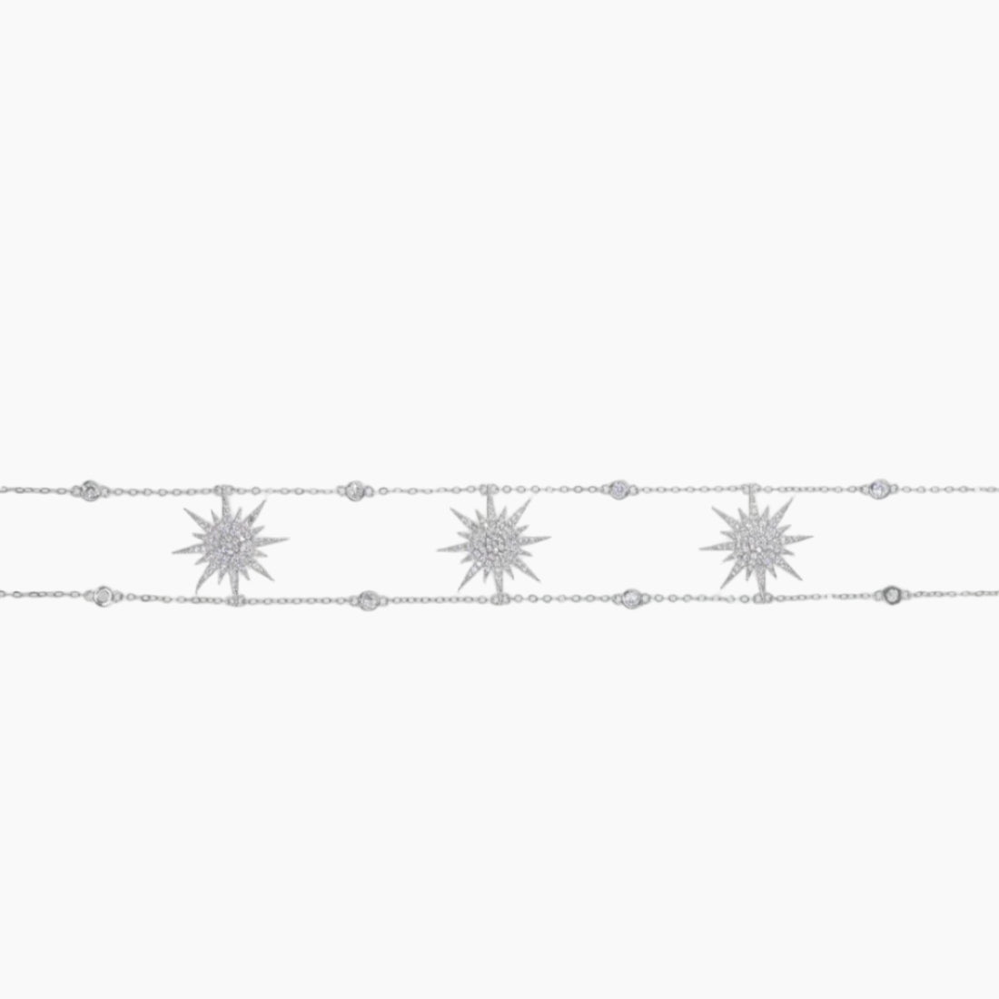 Silver necklace with star-shaped pendants on a white background