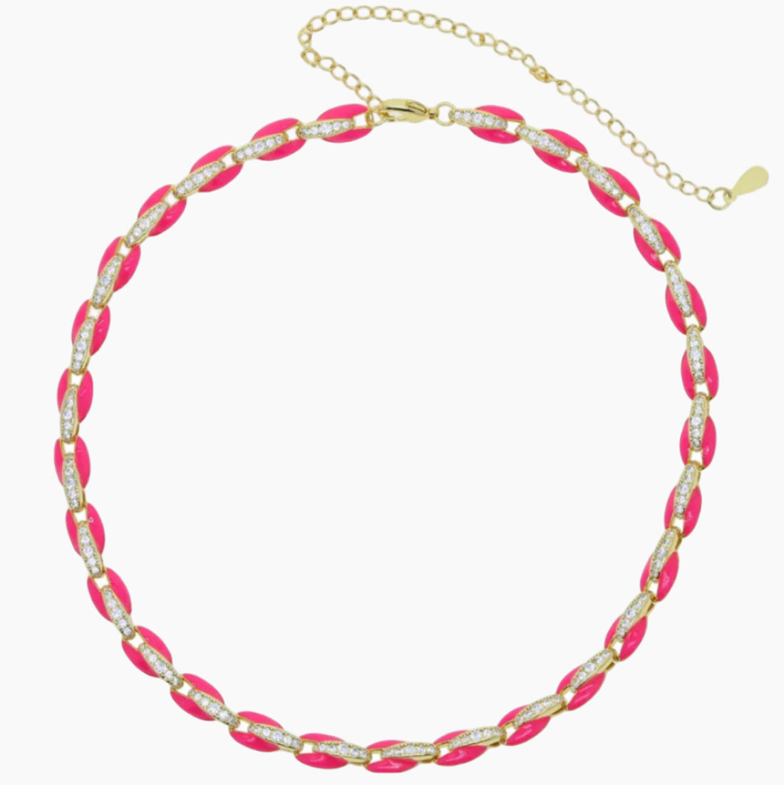 Necklace with pink and gold beads on a white background