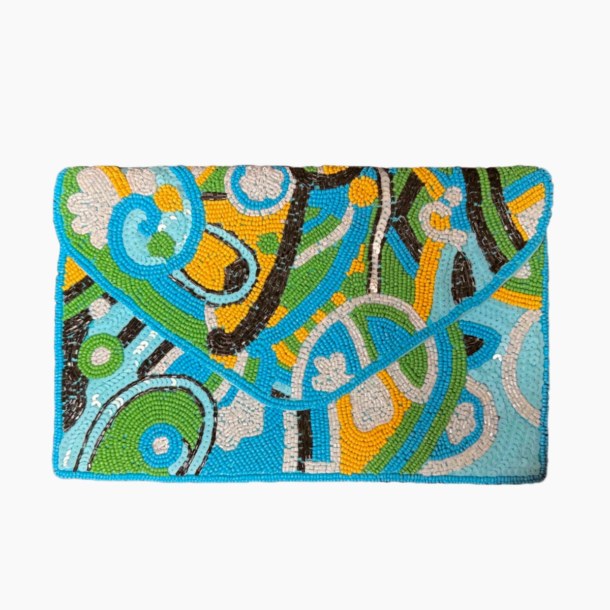Colorful beaded clutch with geometric pattern on a white background