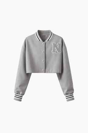 Gray varsity jacket with a letter 'N' 