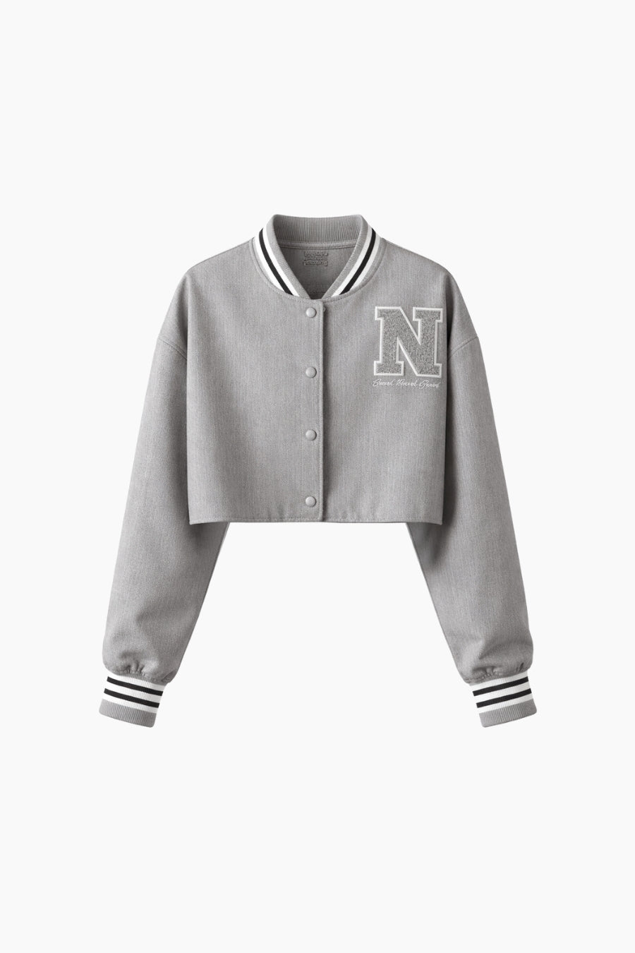 Gray varsity jacket with a letter 'N' 