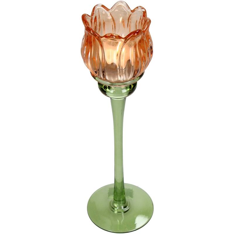 KAL-4208 Candle Holder Flower Glass Orange 8x8x27cm