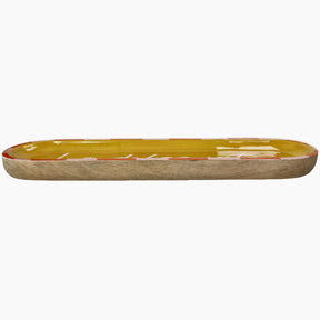 Long rectangular ceramic tray with a yellow rim 