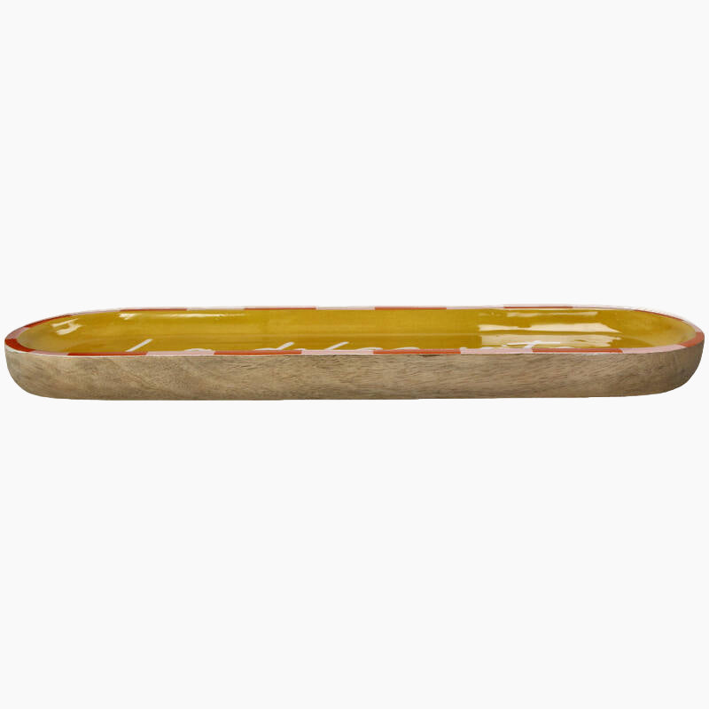 Long rectangular ceramic tray with a yellow rim 
