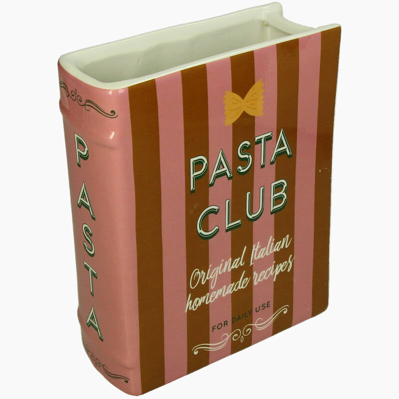 Ceramic container with striped design and 'Pasta Club' text 