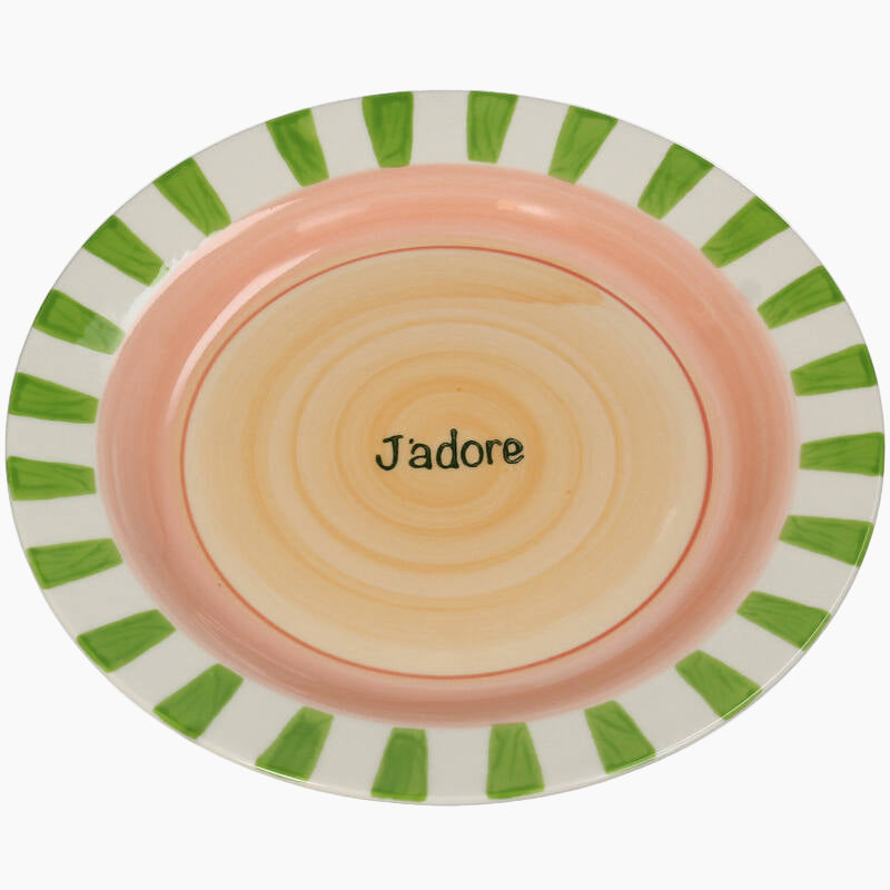 Ceramic plate with green striped rim and 'J dore' text 