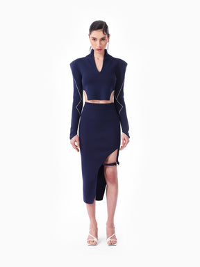 Navy Blue Asymmetric Knitted Midi Skirt