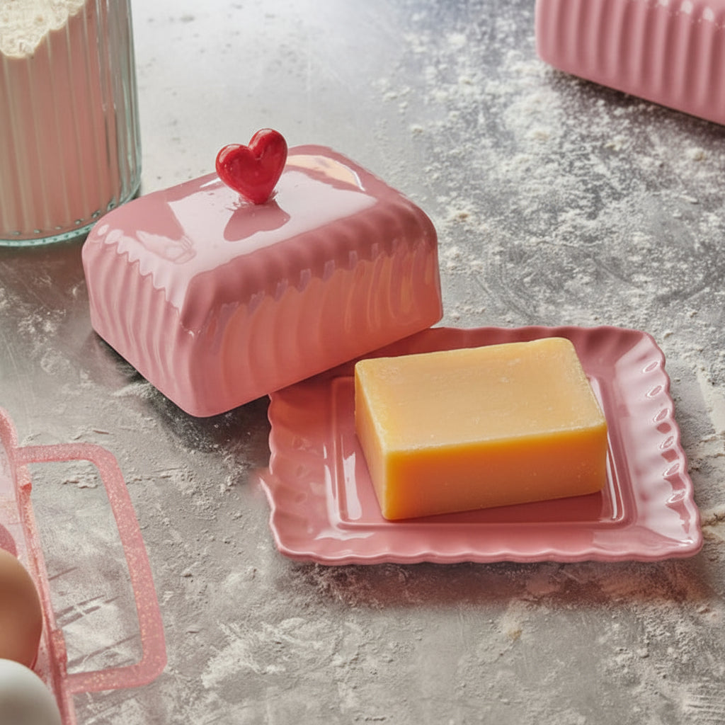 Pink butter dish with a block of butter 