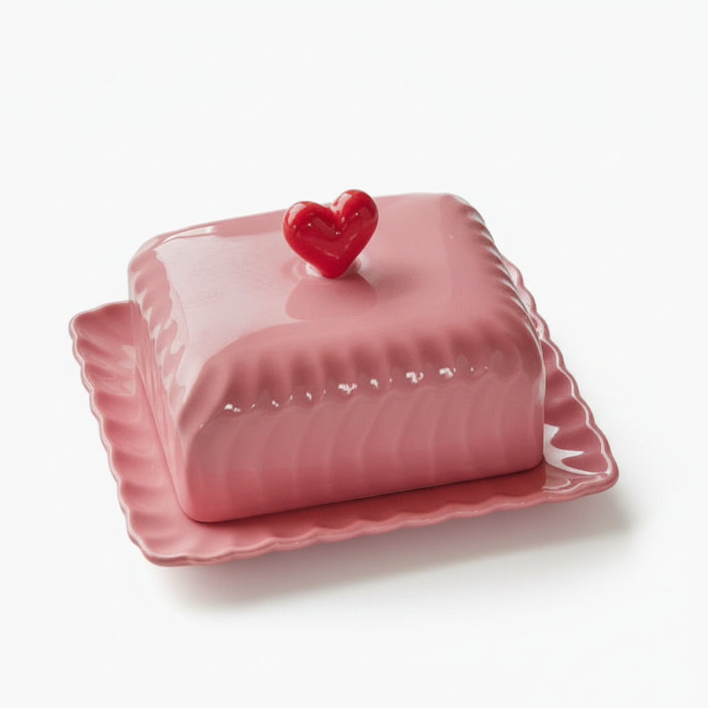 Pink ceramic butter dish with a heart-shaped handle 