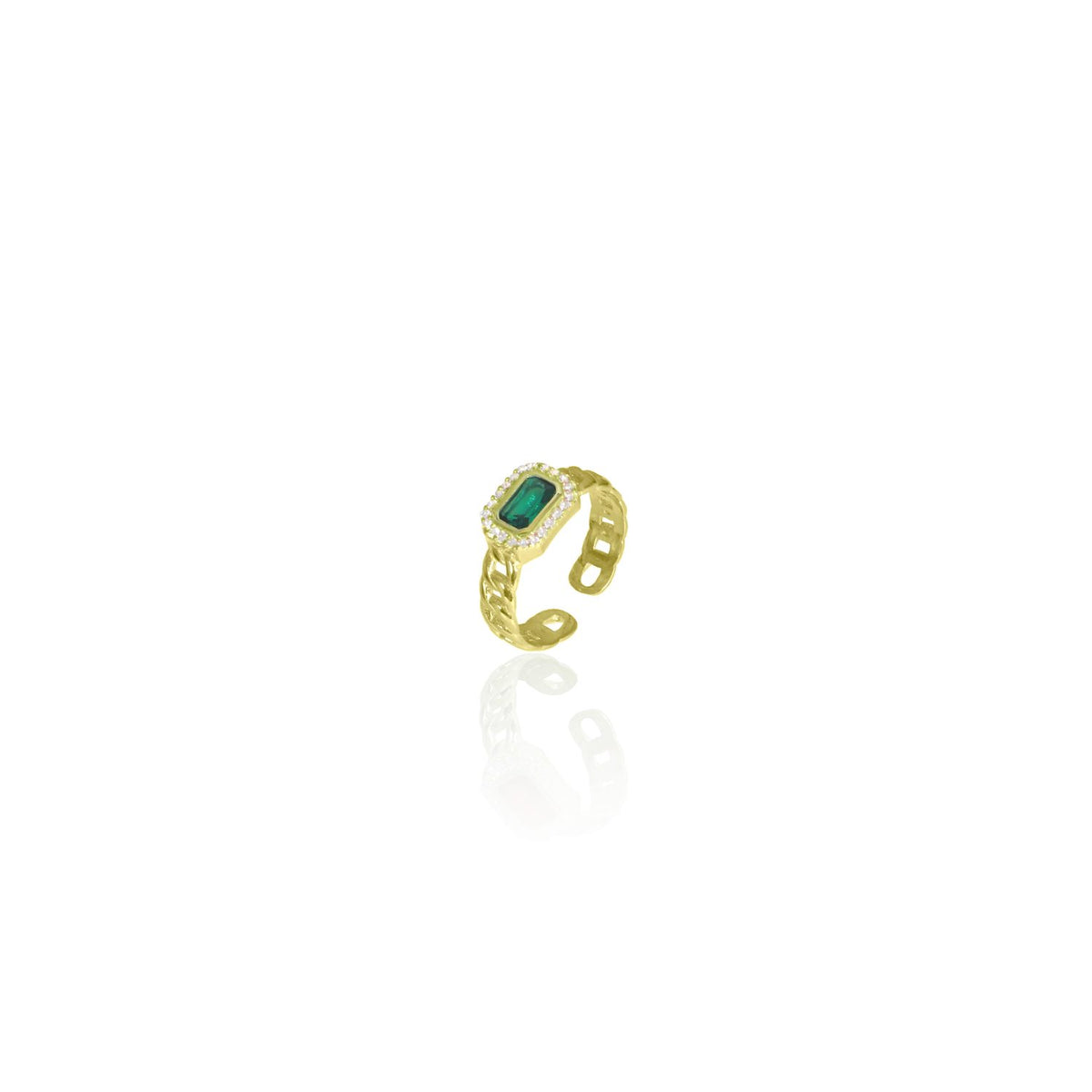 Link Chain Ring With Crystal and Emr Cut Green Stone| Yellow