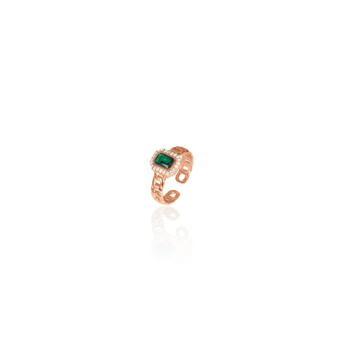 Link Chain Ring With Crystal and Emr Cut Green Stone| Pink