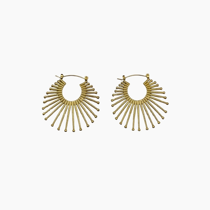 Gold hoop earrings with a fan-like design 