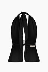 Black halter top with tie details on a white background