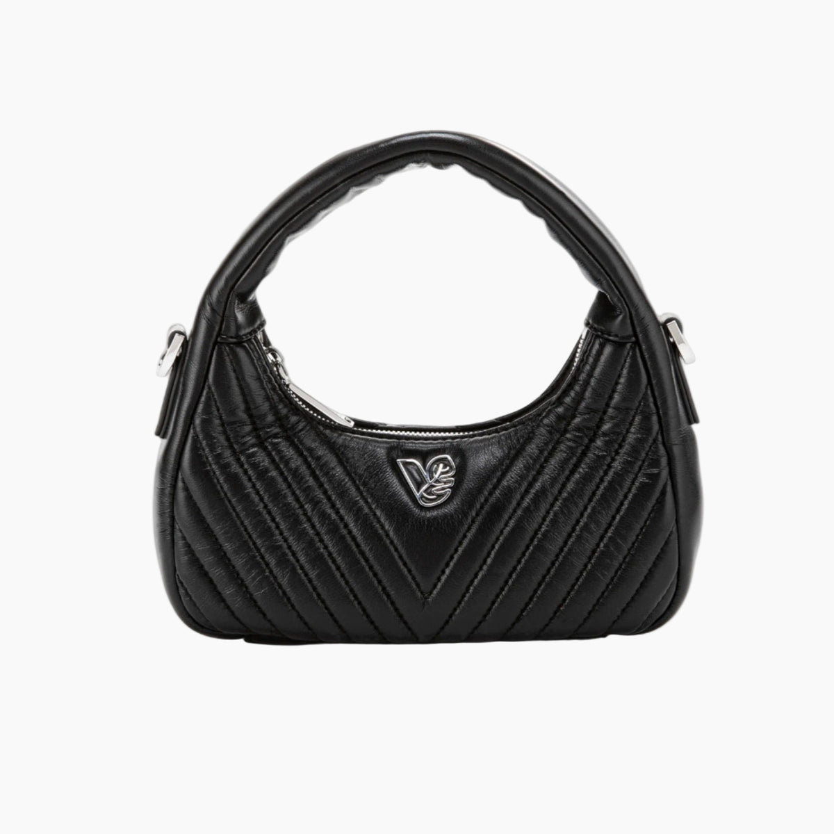 Black handbag with a brand logo on a white background