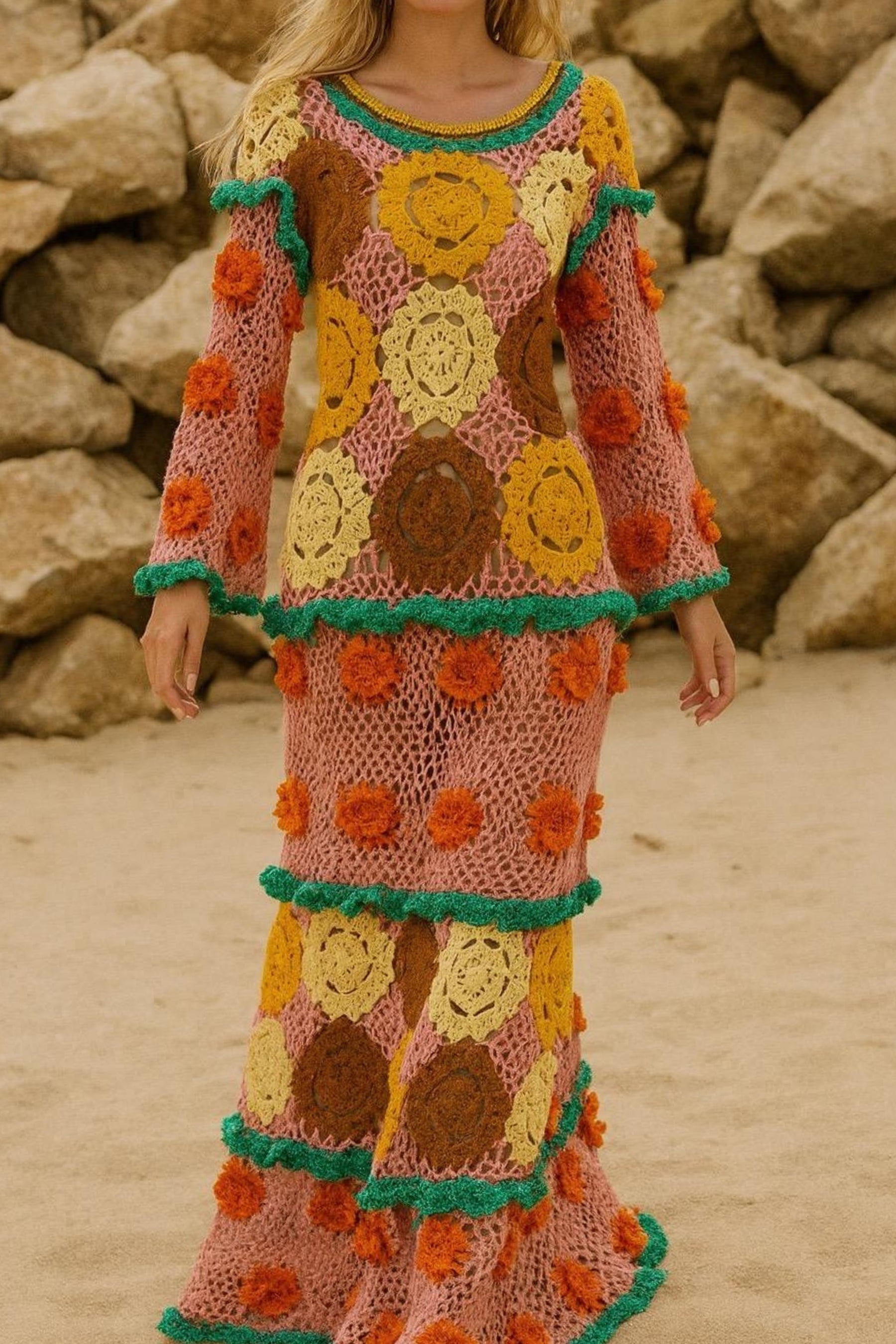 Person wearing a colorful crochet dress with floral patterns against a rocky background