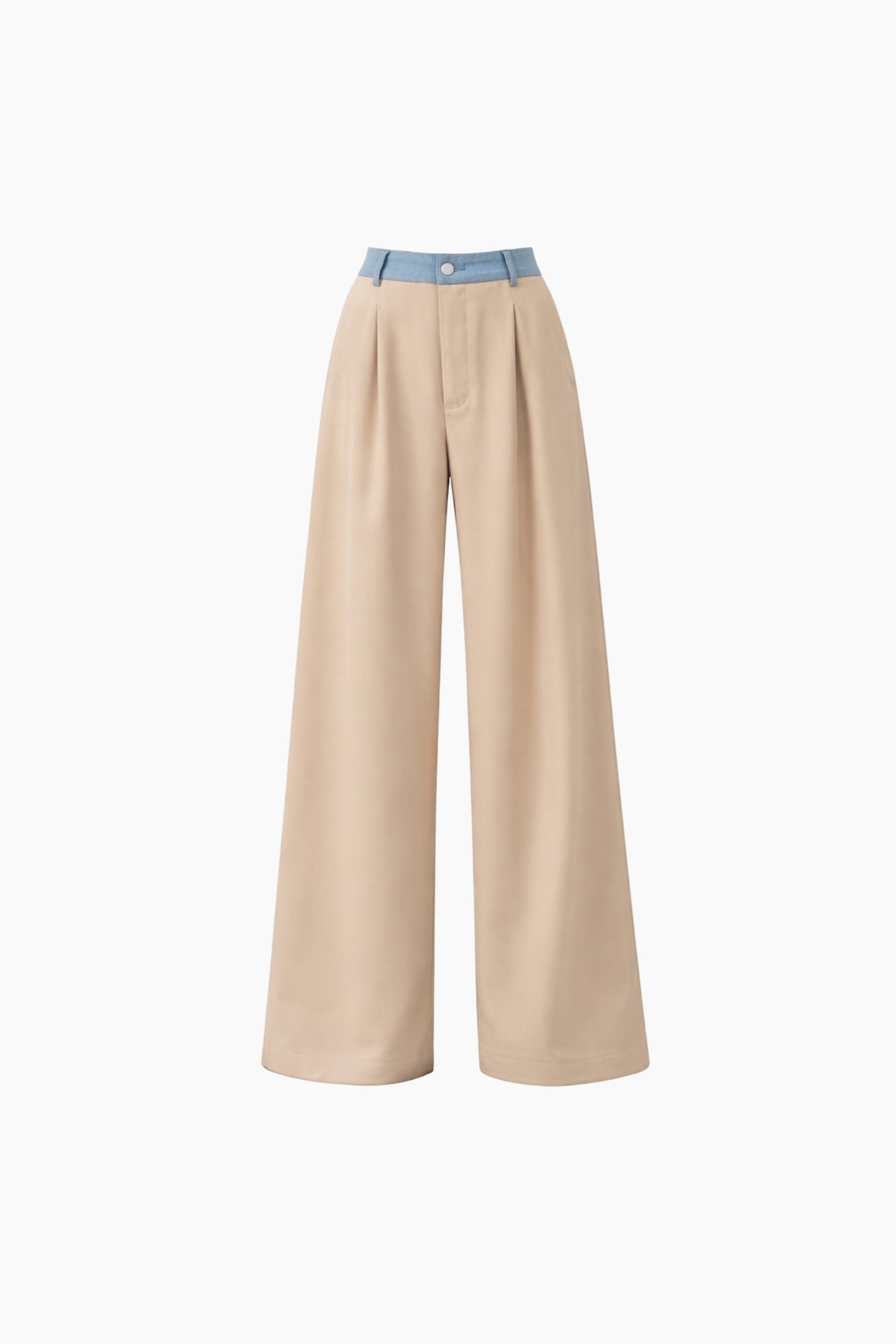 Beige wide-leg pants with a blue belt on a white background