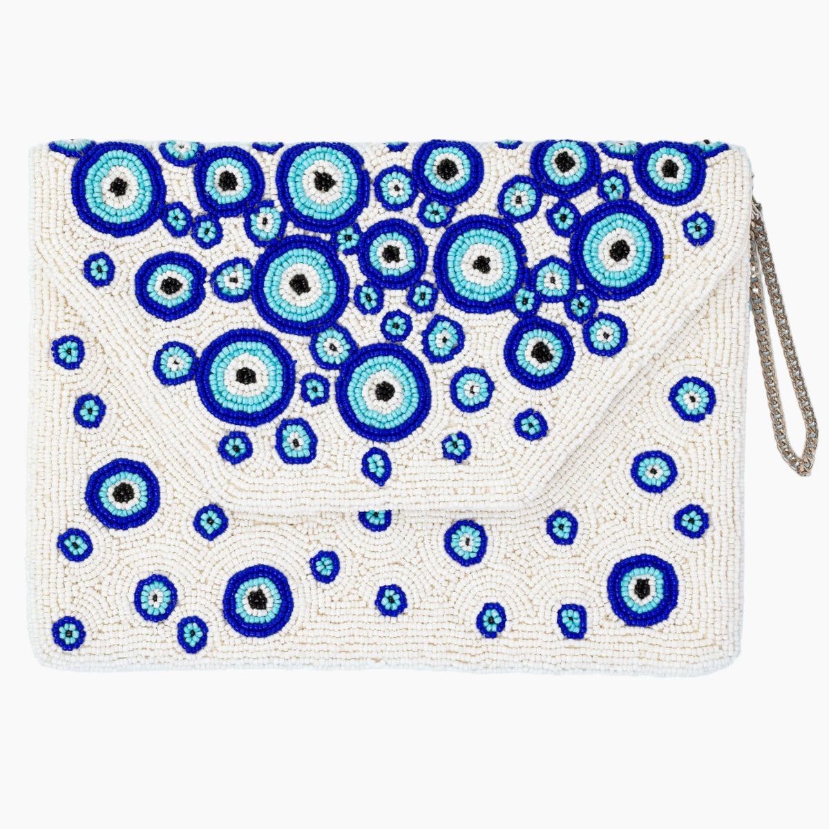 White clutch with blue and green circular patterns on a white background