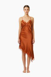 Woman wearing a rust-colored satin slip dress 