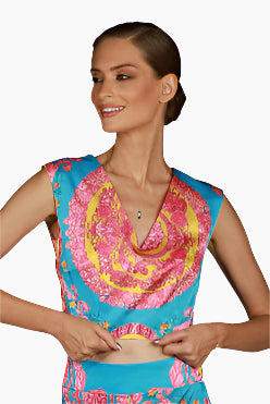 Woman wearing a colorful patterned shirt