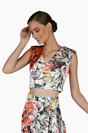 Woman wearing a floral two-piece outfit 