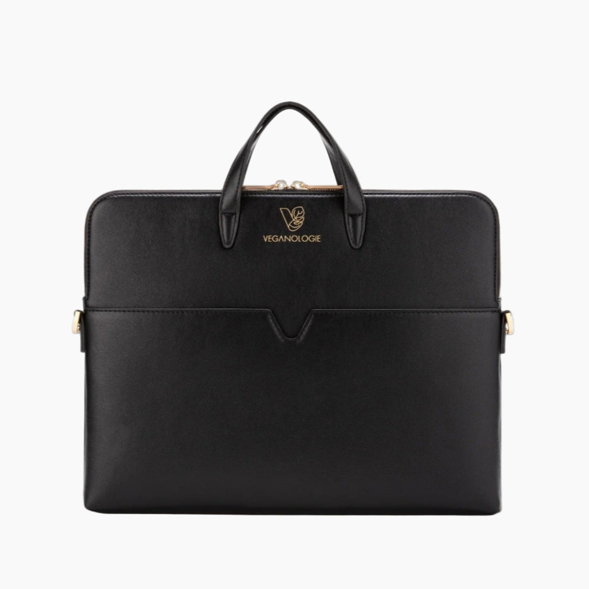 Black leather briefcase with gold accents on a white background