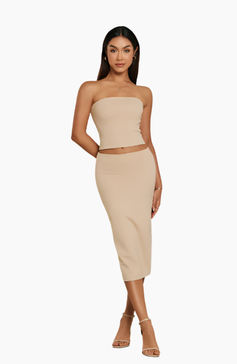 Woman wearing a beige strapless top and pencil skirt