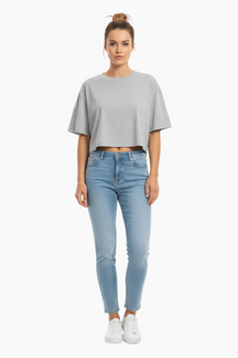 Gray crop top on a wooden hanger against a white background