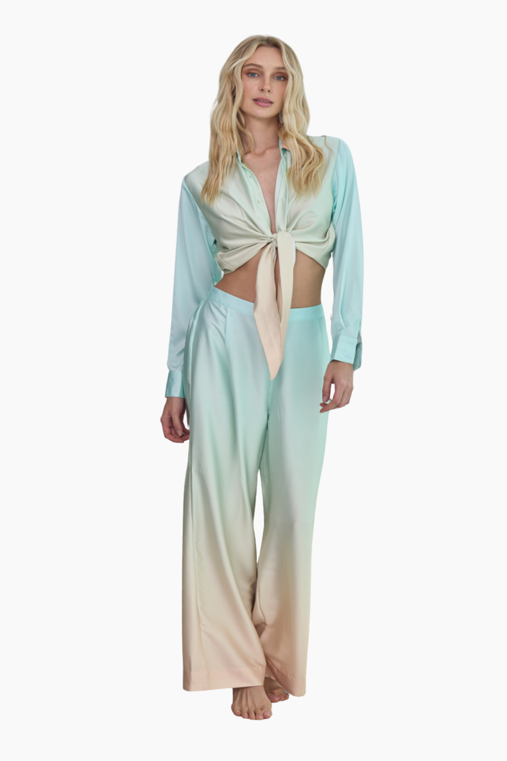 Light Green Beige Ombre Silk Satin Set