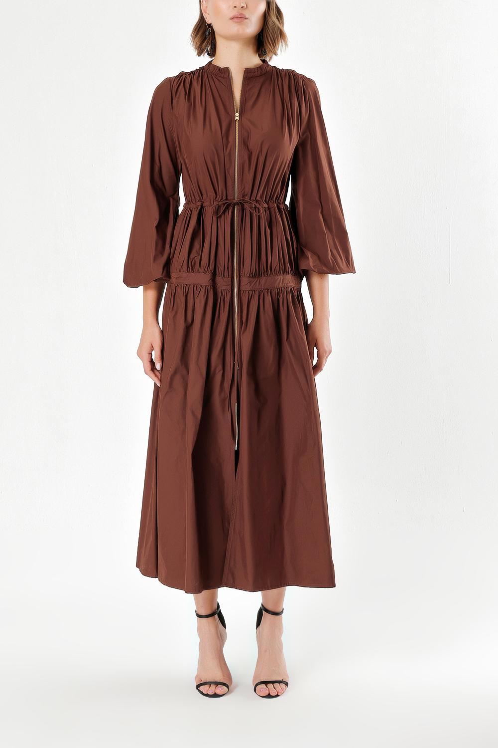 Brown Elastic Waist Pleated Maxi Dress