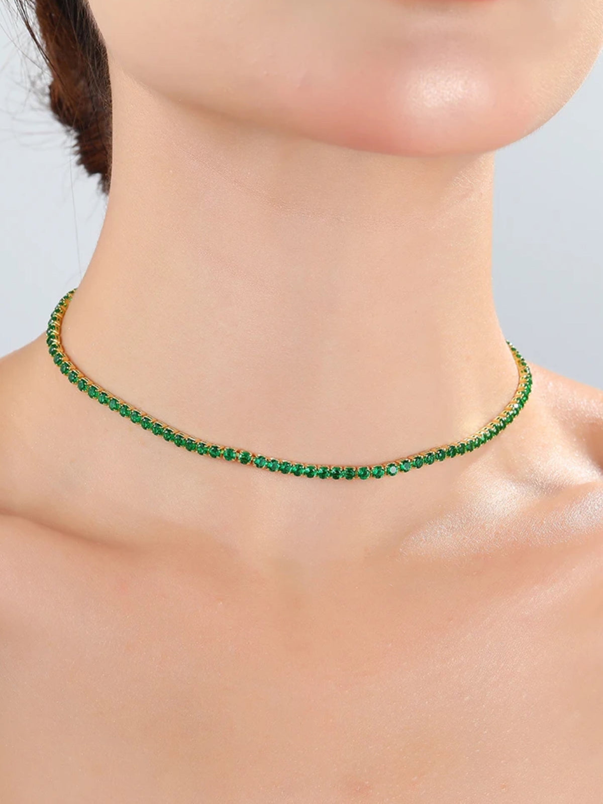 Tennis Necklace W/Green Stones