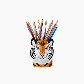 Tiger-shaped pencil holder with colorful pencils